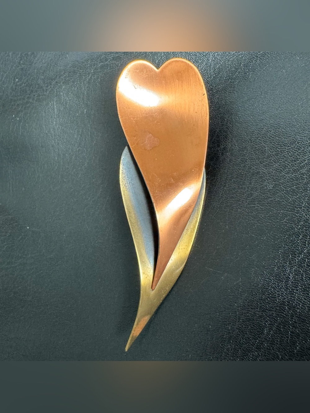 Vintage Kim Copper Brass Abstract Heart Brooch Modernist Statement Pin Artsy